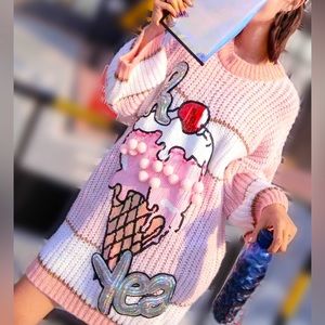 Pastel Pink White Ice Cream Pom Pom Sequin Fairy Kei Kawaii Sweater